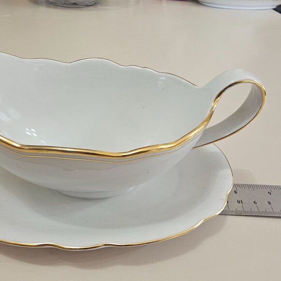Bavaria Regency Gravy Boat Plate 16oz scallop edge gold trim Germany vtg Winterl - Picture 6 of 7